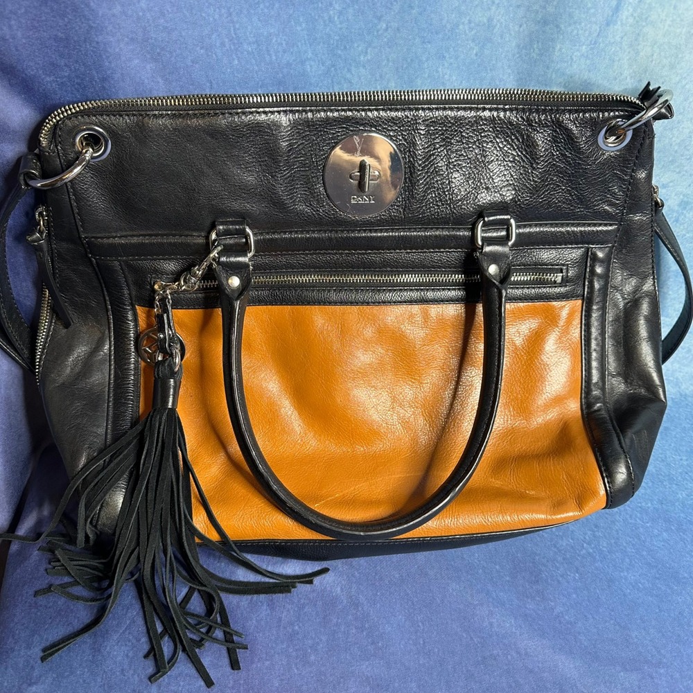 DKNY Paige Satchel Womens Black Tan Bicolor Leather Carryall Purse Donna Karan